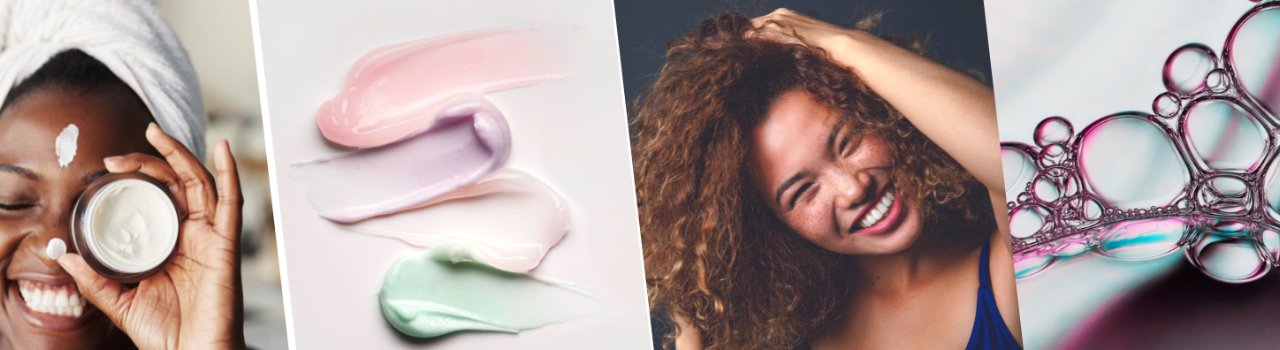 four images that show multiple skin and haircare products 