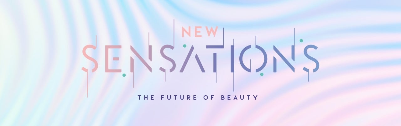 Futuristic background with the words "New Sensations, The future of beauty"