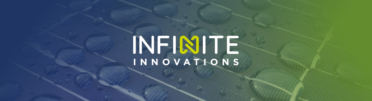 "Infinite Innovations" text centered on solar panels with water droplets and a blue to green gradient overlay.